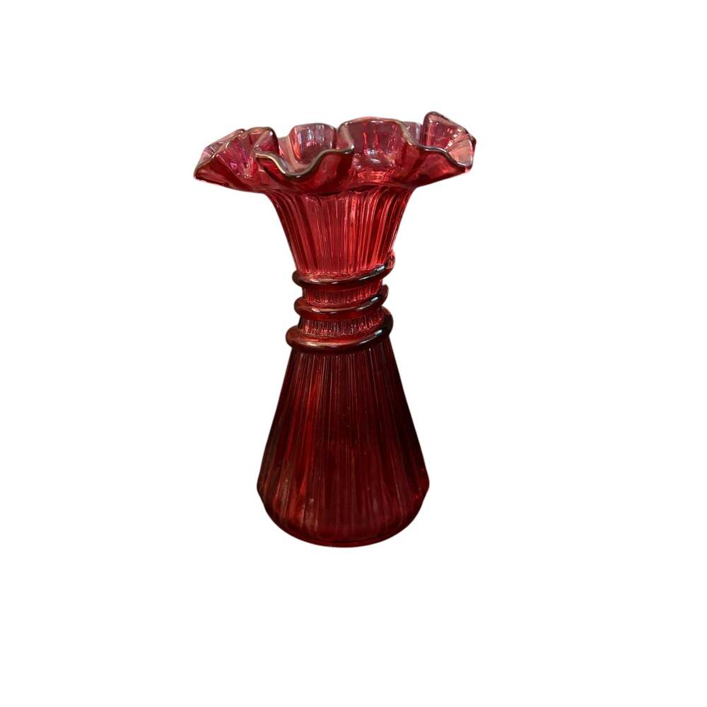 Fenton Art Glass Red Country Cranberry Ruffled Edge Wheat 7 1/2” Vase